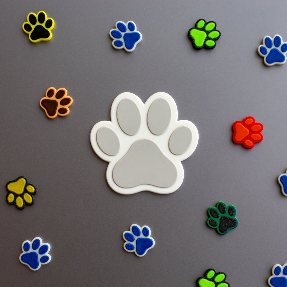 Paw magnets in many colors on a fridge, with a large white paw in the center
