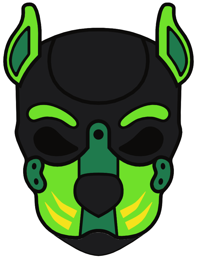 Pup Hood magnet with whiskers and jowls, in lime, hunter green, yellow and black