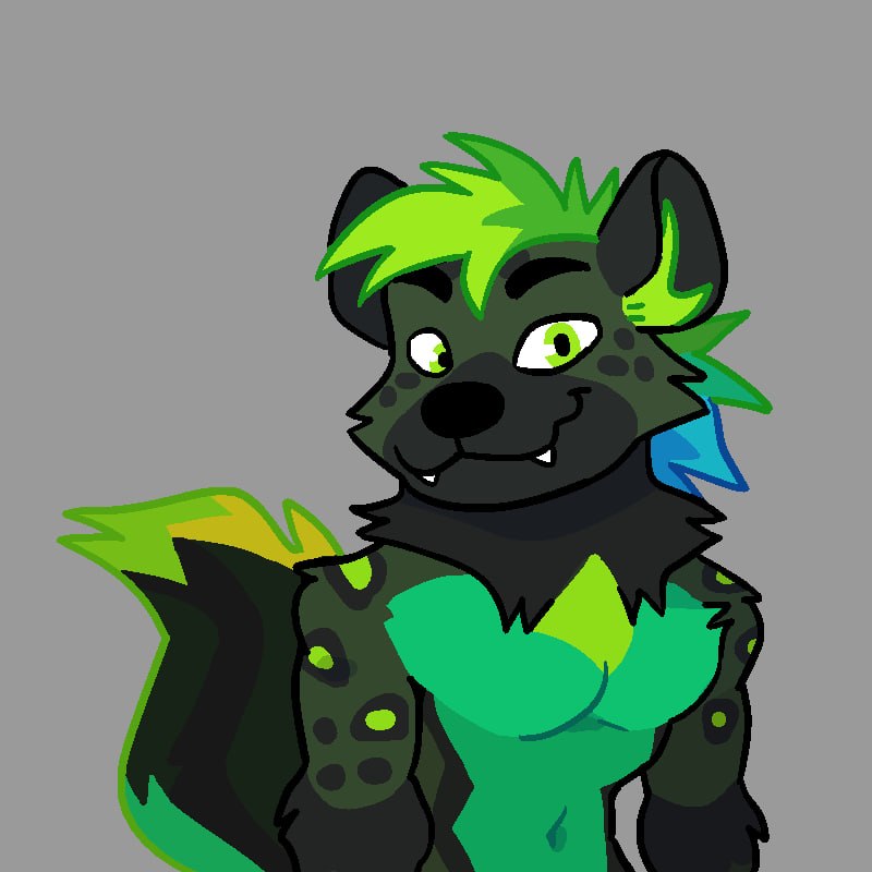 Vulcan, a dark spotted hyena with a lime-green mane, grinning